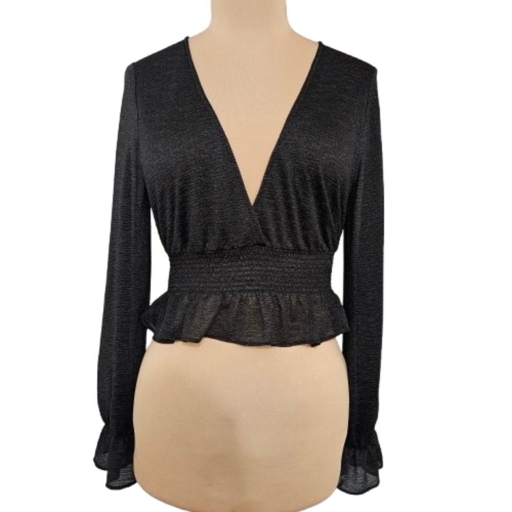 Urban Outfitters Black Sheer Smocked Waist Wrap Crop Top Long Sleeve Large‎ Goth